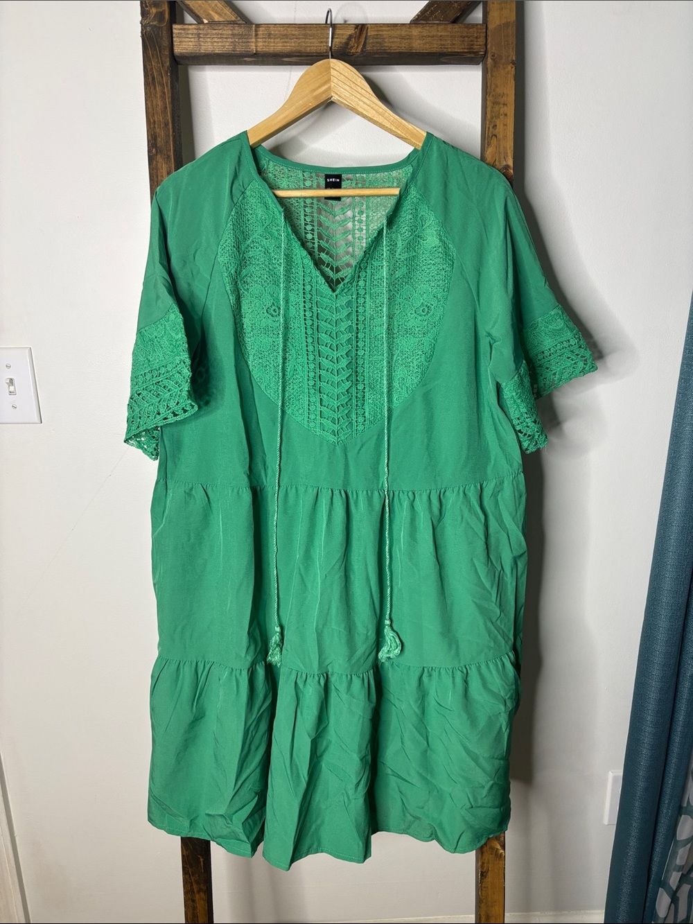 SHEIN Emerald Green Lace-Trim Tiered Midi Dress Size L